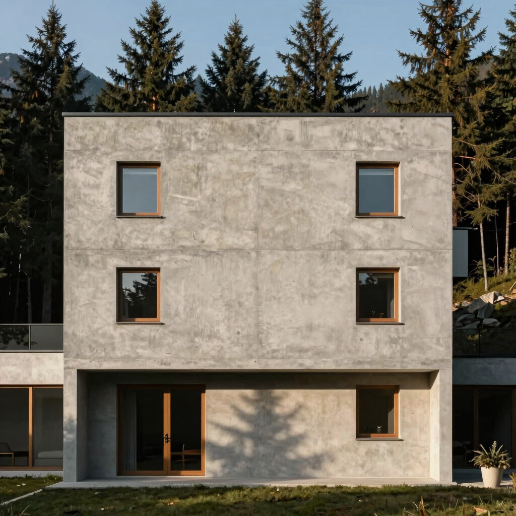 Straight-on architectural shot of a minimalist concrete hotel facade in the Bulgarian mountains, soft afternoon shadows, pine trees in background