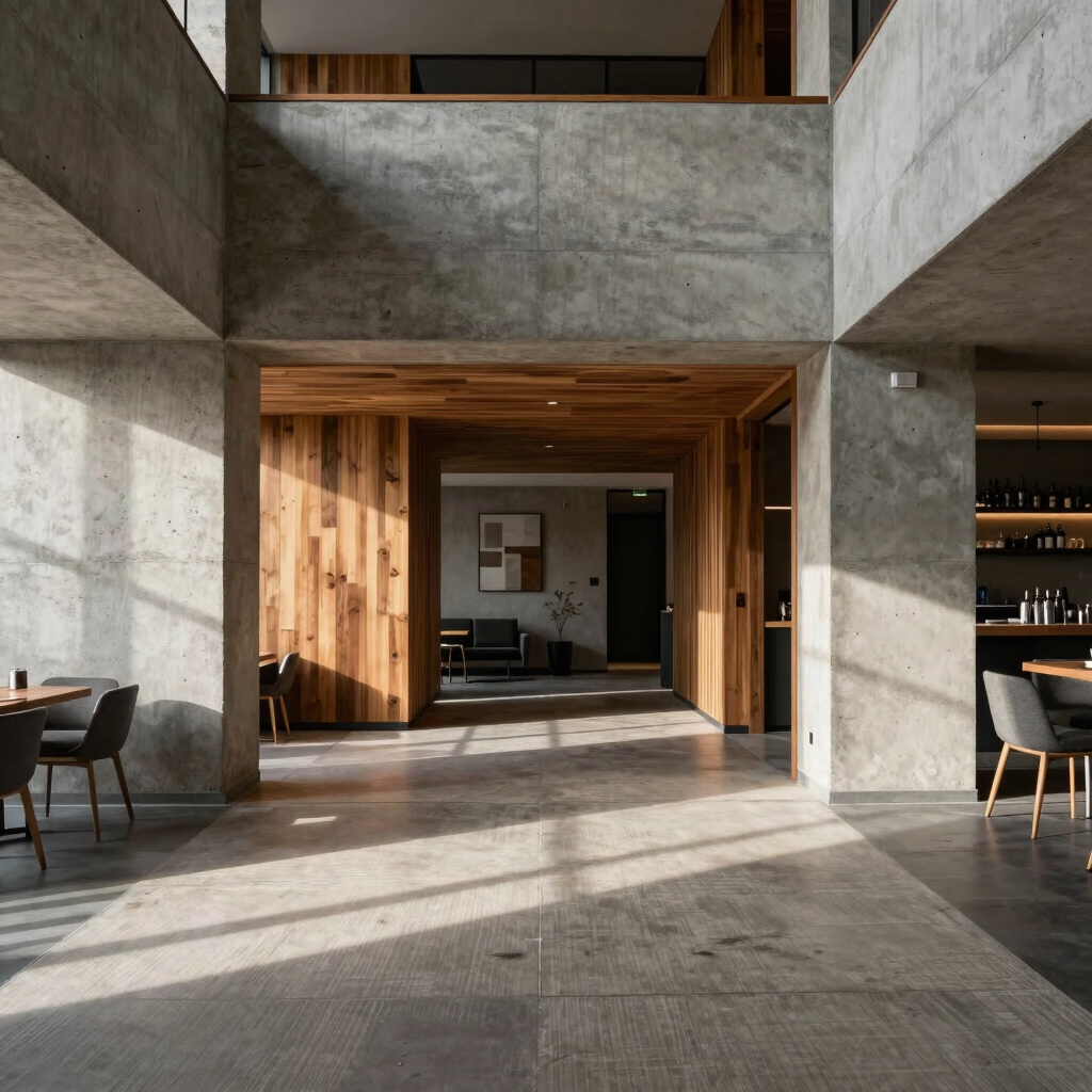 Modern industrial interior design featuring exposed concrete walls, wood paneling, and natural sunlight.
