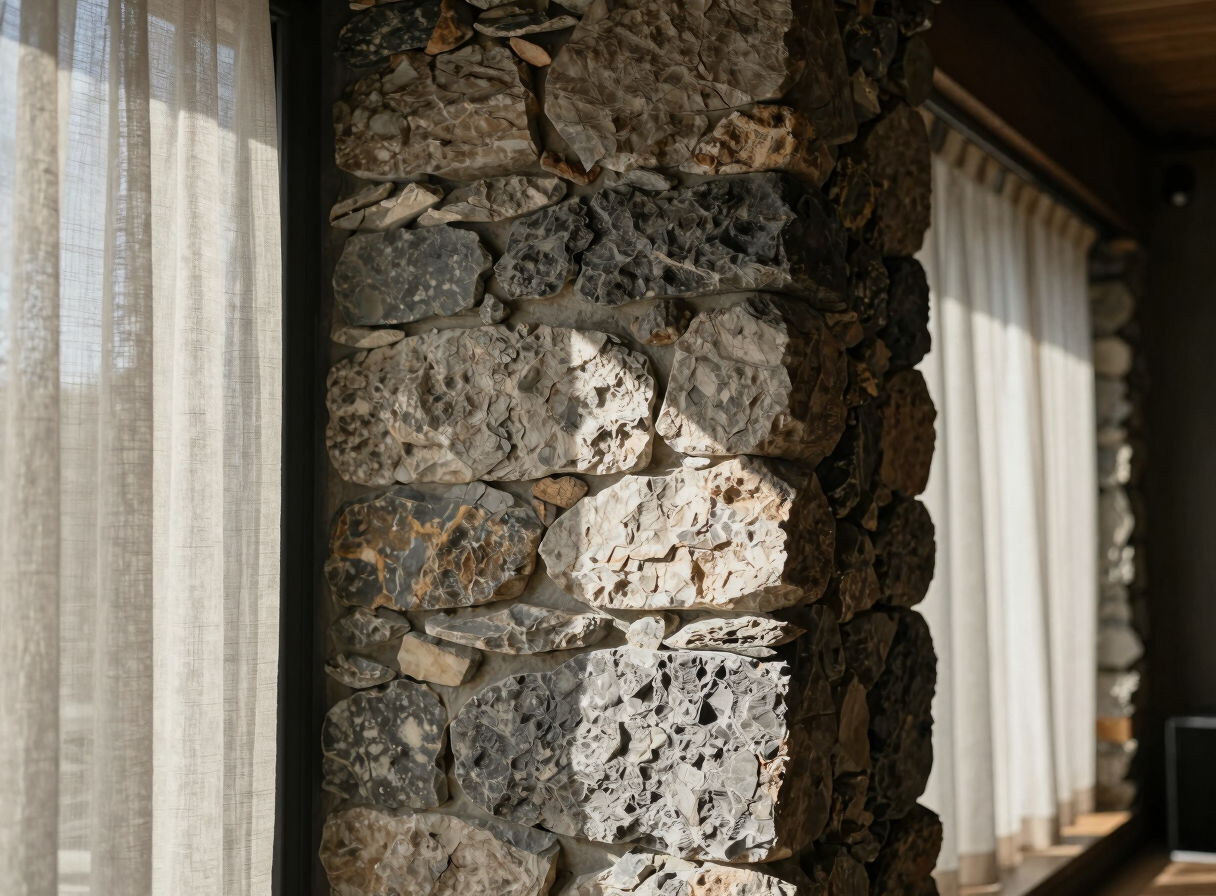 Close-up of raw stone walls and linen curtains inside a modern Bulgarian lodge, natural side light casting deep shadows